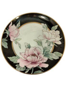 Tuxedo Junction Peony Plate Black Gold Pink Epoch Japan 7 inch